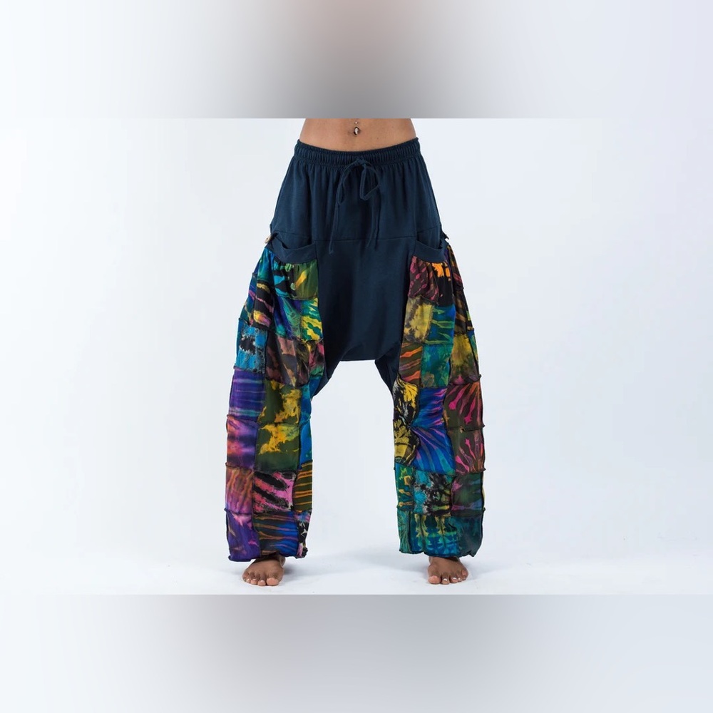 Tie Dye Patchwork Cotton Women Harem Pants in Navy - Picture 9 of 9